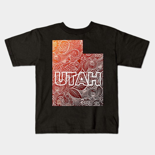 Colorful mandala art map of Utah with text in brown and orange Kids T-Shirt by Happy Citizen